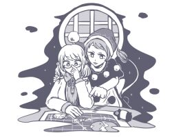  2girls adjusting_eyewear arm_rest capelet coat commentary_request doremy_sweet earth_(planet) glasses hand_on_another's_shoulder hat jiru_(jirufun) kishin_sagume map monochrome moon multiple_girls nightcap open_clothes open_coat planet pointing pom_pom_(clothes) rabbit round_window stuffed_tapir tail tapir_tail touhou wavy_background window 