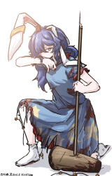  1girl absurdres animal_ears artist_name blood blood_on_clothes blood_on_hand blue_dress blue_hair broken broken_weapon commentary_request crescent_print dated dress earclip highres kine long_hair looking_at_viewer lucia_elowen mallet on_one_knee one-hour_drawing_challenge print_dress puffy_short_sleeves puffy_sleeves rabbit_ears rabbit_girl red_eyes seiran_(touhou) short_sleeves simple_background socks star_(symbol) star_print torn_clothes torn_dress touhou ve1024 weapon white_background white_socks 