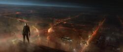  1other aircraft ambiguous_gender artist_logo building city city_lights commentary english_commentary eve_online fictional_aircraft flying georg_hilmarsson glowing gun highres holding holding_gun holding_weapon horizon logo outdoors scenery science_fiction solo standing weapon 