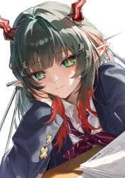  1girl absurdres alternate_costume arknights arknights:_endfield black_jacket chinese_commentary closed_mouth commentary dragon_girl dragon_horns green_eyes green_hair hair_ornament head_rest highres horns jacket long_hair long_sleeves multicolored_hair nuru_(nuruffle_0720) pointy_ears red_horns red_streaks school_uniform shirt simple_background smile solo streaked_hair upper_body white_background white_shirt zhuang_fangyi_(arknights) 
