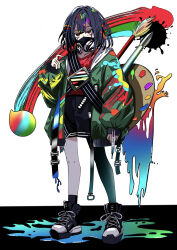 1girl absurdres asymmetrical_legwear black_hair colorful commentary_request full_body highres hood hooded_jacket jacket long_sleeves looking_at_viewer mask mouth_mask original puffy_long_sleeves puffy_sleeves red_eyes saike_derikku shoes sneakers 