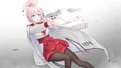  1girl blue_archive blue_eyes breasts bullet chihaya_(clothing) colt_1903 commentary_request feet_out_of_frame firing gradient_background grey_background gun hair_bun hakama hakama_short_skirt hakama_skirt halo highres japanese_clothes kazushiki_midori large_breasts long_hair mimori_(blue_archive) motion_blur muzzle_flash nontraditional_miko obi open_mouth pantyhose pink_hair pink_halo red_sailor_collar red_skirt sailor_collar sash shirt single_side_bun skirt solo weapon white_background white_shirt 