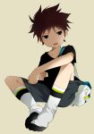  1boy brown_eyes brown_hair male mauveboy open_mouth original short_hair simple_background sitting socks solo 