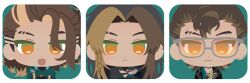  3boys :d absurdres brown_hair chibi chibi_only commentary dark-skinned_male dark_skin ear_piercing eyebrow_cut eyebrow_piercing face_piercing goldbullet goldbullet_(1st_costume) goldbullet_(2nd_costume) goldbullet_(3rd_costume) green_background highres holostars holostars_english kitt0_o light_frown lip_piercing long_hair male_focus multiple_boys multiple_persona official_alternate_costume official_alternate_hairstyle open_mouth orange-tinted_eyewear orange_eyes parted_bangs piercing pompadour smile sunglasses tinted_eyewear virtual_youtuber 