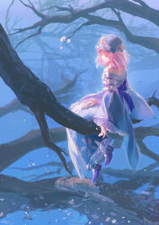  1girl absurdres bare_shoulders blue_hat blue_kimono cherry_blossoms chinese_commentary commentary_request frilled_kimono frills hat highres japanese_clothes kimono long_sleeves medium_hair mob_cap off_shoulder outdoors pea_(bilibili_176333) pink_eyes pink_hair purple_shoes saigyouji_yuyuko shoes sitting sitting_on_branch sleeve_garter solo touhou triangular_headpiece wide_sleeves 