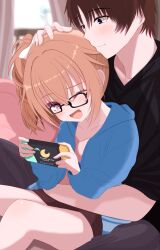  1boy 1girl :d ;d black-framed_eyewear black_eyes black_shirt blue_hoodie blurry blurry_background blush brand_name_imitation brown_hair brown_shorts casual chinoha_usagi closed_mouth collarbone commentary_request copyright_name couple cuddling curtains day eyelashes eyes_visible_through_hair feet_out_of_frame glasses hair_between_eyes handheld_game_console happy headpat hetero highres holding holding_handheld_game_console hood hood_down hoodie hoshina_shuuji hug hug_from_behind inaba_meguru indoors long_hair looking_at_another looking_at_viewer nintendo_switch official_alternate_costume one_eye_closed one_side_up open_clothes open_hoodie open_mouth orange_hair pink_shirt rectangular_eyewear red_eyes sanoba_witch shirt short_hair shorts sitting smile window 