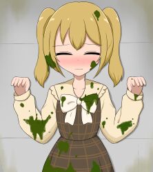 azi_(@azi15968) blonde_hair child closed_eyes closed_mouth dirty dress dress_ribbon hand_up highres lolicon long_sleeves looking_at_viewer messy mud original plaid_clothes plaid_dress ribbon short_twintails simple_background slime twintails two-tone_dress underage upper_body white_ribbon