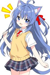  1girl :d ahoge animal_ear_fluff animal_ears blue-haired_cat_girl_(kotatsu-mazoku) blue_eyes blue_hair blue_skirt blush cat_ears cat_girl cat_tail collared_shirt commentary_request cowboy_shot dot_nose hair_between_eyes hair_intakes hair_ribbon hand_up kotatsu-mazoku long_hair looking_at_viewer miniskirt necktie notice_lines one_side_up open_mouth original pleated_skirt red_necktie red_ribbon ribbon school_uniform shirt short_sleeves sidelocks simple_background skirt smile solo striped_clothes striped_necktie sweater_vest tail white_background white_shirt yellow_sweater_vest 