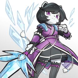 1girl animal_ears arm_guards black_hair black_nose black_skirt chinese_knot closed_mouth commentary_request cowboy_shot freedom_planet freedom_planet_2 furry furry_female highres holding holding_polearm holding_weapon ice_crystal looking_at_viewer neera_li panda panda_ears panda_girl polearm serious short_hair simple_background skirt solo suzaki-san violet_eyes weapon white_background white_fur 