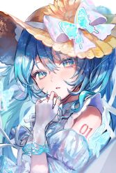  1girl absurdres arm_tattoo blue_eyes blue_hair blue_nails commentary fingerless_gloves gloves hair_between_eyes hand_on_own_face hat hat_ribbon hatsune_miku highres long_hair looking_at_viewer magical_mirai_(vocaloid) magical_mirai_miku magical_mirai_miku_(2026) parted_lips pipi_(pipinavigation) ribbon see-through_clothes see-through_gloves simple_background solo sun_hat tattoo vocaloid white_background 