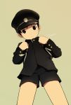  1boy brown_eyes from_below hat looking_at_viewer male mauveboy original peaked_cap school_uniform short_hair shorts signature simple_background solo 