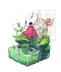  1girl arthropod_girl black_eyes black_skin cage cloak colored_skin eenqn full_body holding holding_weapon hollow_eyes hollow_knight hollow_knight:_silksong horned_mask hornet_(hollow_knight) horns leaf mask moss needle_(hollow_knight) plant red_cloak simple_background solo standing water weapon wetland white_background white_mask 