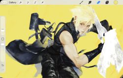  1boy art_program_in_frame biceps black_gloves black_jacket black_pants blonde_hair closed_mouth cloud_strife commentary final_fantasy final_fantasy_vii gloves green_eyes highres holding jacket male_focus nomad_vv pants simple_background sleeveless sleeveless_jacket solo spiky_hair yellow_background 