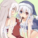  2girls blue_eyes blush breasts eye_contact hat heart heterochromia long_hair looking_at_another mishima_kurone mouth_hold multiple_girls red_eyes simple_background sweatdrop translation_request white_hair 