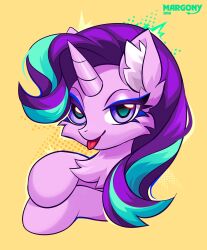  aqua_hair artist_name commentary english_commentary highres horns long_hair looking_at_viewer margony multicolored_hair my_little_pony my_little_pony:_friendship_is_magic no_humans purple_fur purple_hair purple_horns simple_background single_horn solo starlight_glimmer tongue tongue_out two-tone_hair unicorn upper_body violet_eyes 