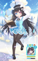 1girl :3 :d ahoge arm_up black-framed_eyewear black_hair black_pantyhose black_shoes blue_eyes blue_skirt blue_sky blue_vest blunt_bangs blush book castle chinese_commentary clouds commentary_request day frilled_skirt frills full_body glasses hairband heterochromia highres holding holding_book loafers long_hair looking_at_viewer miniskirt open_book open_mouth original outdoors pantyhose plaid_clothes plaid_skirt pleated_skirt red_eyes round_eyewear shimo_shiina shoes skirt sky smile solo standing standing_on_one_leg very_long_hair vest white_hairband 