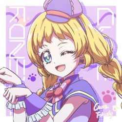  1girl :d ;d absurdres blonde_hair blue_eyes border bow bow_earrings braid bright_pupils brooch capelet character_name character_signature chest_bow commentary cure_friendy curled_fingers deerstalker dress drop_shadow earrings english_text frilled_wrist_cuffs frills hair_bow hairband hands_up hat heart heart_brooch highres inukai_iroha jewelry long_hair looking_at_viewer low_twin_braids magical_girl mini_hat multicolored_bow one_eye_closed open_mouth outside_border paw_print paw_print_background pink_bow precure purple_background purple_capelet purple_dress purple_hairband purple_hat purple_theme purple_wrist_cuffs sleeveless sleeveless_dress smile solo striped_bow thereaakari tilted_headwear twin_braids upper_body very_long_hair white_border wonderful_precure! wrist_cuffs 