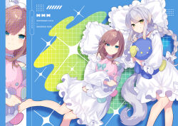  2girls animal_ears blue_background blush bow braid brown_hair character_name choker closed_mouth comiket_108 commentary dog_ears dog_girl dog_tail dress green_eyes grey_hair grey_tail hair_intakes hair_ornament hairclip holding holding_stuffed_toy long_hair long_sleeves looking_at_viewer lying multiple_girls nijisanji official_artist_extra on_back pajamas saine shioriha_ruri smile stuffed_toy suzuhara_lulu tail thighs twin_braids twintails virtual_youtuber white_bow white_choker white_dress white_pajamas zoom_layer 