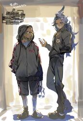  2boys animal_print bag black_jacket black_pants black_shoes blonde_hair commentary_request crocs feather_hair_ornament feathers final_fantasy final_fantasy_ix full_body glasses grey_hair hair_ornament hairclip hand_in_pocket holding holding_bag holding_phone hood hood_up jacket kuja leopard_print looking_at_viewer male_focus mckrs moogle multiple_boys pants parted_bangs parted_lips phone ribbed_socks shoes slippers socks standing twitter_username zidane_tribal 