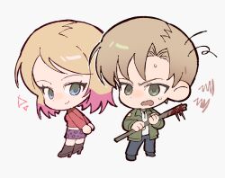 1boy 1girl animal_print arms_behind_back black_shoes blonde_hair blood blood_on_weapon blue_eyes blue_pants breasts chibi chibi_only closed_mouth colored_tips furrowed_brow green_eyes green_jacket haejeo1008 highres holding holding_lead_pipe jacket james_sunderland lead_pipe leopard_print maria_(silent_hill) medium_breasts medium_hair messy_hair midriff multicolored_hair open_mouth pants parted_bangs pink_hair print_skirt purple_skirt red_jacket shirt shoes short_hair silent_hill_(series) silent_hill_2 skirt smile sweatdrop swept_bangs weapon white_shirt 