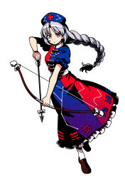  1girl :/ absurdres arrow_(projectile) blue_dress blue_hat bow_(weapon) braid brown_shoes closed_mouth commentary_request constellation_print cross cross_print drawing_bow dress full_body gradient_clothes gradient_dress grey_eyes grey_hair hat highres holding holding_arrow holding_bow_(weapon) holding_weapon limone_illust long_hair looking_at_viewer nurse_cap print_dress print_hat purple_dress red_cross red_dress shoes single_braid socks solo touhou two-tone_dress very_long_hair weapon white_socks yagokoro_eirin 