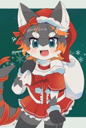  1girl :3 :d black_gloves black_thighhighs blue_eyes blush bow bowtie choker christmas commentary_request cowboy_shot frilled_skirt frills fur-trimmed_gloves fur_trim furry furry_female gloves green_background grey_fur grey_hair hair_bow hat highres holding holding_sack letterboxed looking_at_viewer miniskirt multicolored_hair open_mouth orange_hair original outside_border pleated_skirt po!_(popoemo) red_bow red_bowtie red_choker red_hat red_shirt red_skirt sack santa_costume santa_hat shirt short_hair short_sleeves simple_background skirt smile solo thick_eyebrows thigh-highs two-tone_fur two-tone_hair white_fur zettai_ryouiki 