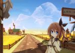  1girl bag blue_eyes blue_sky brown_hair bust clouds fence long_hair looking_at_viewer lucena_winter original shoulder_bag side_ponytail sky solo translation_request windmill yuuhagi_(amaretto-no-natsu) 