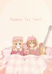  2girls animal_ear_headwear bare_shoulders blanket commentary_request cup drinking eating electric_guitar english_text food gingham_blanket guitar highres hirasawa_yui holding holding_cup holding_food horiguchi_yukiko_(style) icing icing_on_face instrument k-on! kotobuki_tsumugi licking_lips light_blush multiple_girls negative_space pajamas pillow pink_pajamas shared_blanket tanpaku_(oqu_2) tea teacup tongue tongue_out 