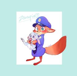  1boy aged_down animal animal_ears animal_feet animal_nose animalization artist_name barefoot blue_border blue_hat blue_necktie blue_shirt blush border bottomless child closed_mouth collared_shirt commentary copyright_name cosplay ears_down eating food fox_boy fox_ears fox_tail full_body furry furry_male green_eyes happy hat highres holding holding_animal judy_hopps judy_hopps_(cosplay) looking_at_viewer male_focus meme_(penpengusa_no_meme) mouth_hold necktie newsboy_cap nick_wilde outside_border oversized_clothes oversized_shirt pawpads police police_hat police_uniform popsicle rabbit shirt short_sleeves signature simple_background smile standing tail violet_eyes white_background wide-eyed zootopia 