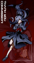  1girl absurdres black_eyes black_hair black_nails black_sailor_collar black_serafuku black_shirt black_shoes black_skirt commentary_request commission floating_hair hands_on_own_face highres kneehighs loafers long_hair long_skirt long_sleeves looking_at_viewer nail_polish neckerchief original red_background red_neckerchief sailor_collar school_uniform serafuku shirt shoes skeb_commission skirt smile socks thank_you valve_core white_socks zoom_layer 