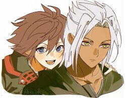  2boys black_jacket black_robe blue_eyes brown_hair byo_rk chain chain_necklace closed_mouth dark-skinned_male dark_skin grey_hair hair_between_eyes hand_on_another's_shoulder highres hood hood_down hooded_robe jacket jewelry kingdom_hearts kingdom_hearts_iii looking_at_viewer male_focus medium_hair multiple_boys necklace open_mouth parted_bangs red_trim robe sharp_teeth sketch smile sora_(kingdom_hearts) tan teeth twitter_username upper_body white_background xehanort_(kingdom_hearts) yellow_eyes young_xehanort 
