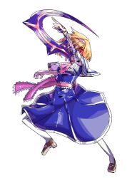 1girl alice_margatroid arm_up blonde_hair blue_dress bois_de_justice brown_shoes commentary_request cookie_(touhou) dies_irae dress extreme_tuna_can_non_oil frilled_hairband frilled_necktie frilled_sash frills full_body glint hairband hinase_(cookie) jumping looking_at_viewer necktie pantyhose pink_hairband pink_necktie pink_sash red_eyes sash shinza_bansho_series shoes short_hair simple_background solo touhou white_background white_pantyhose 