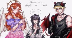  1boy 2girls angel_and_devil angel_wings bat_wings beanie black_jacket black_shirt black_tank_top blonde_hair blue_eyes collar curled_horns demon_tail dress english_text fake_horns feathered_wings gluttony_gods gradient_clothes gradient_dress grin halo hand_in_pocket hat head_wings highres horns jacket jacket_partially_removed jewelry long_hair looking_at_viewer multiple_girls muscular muscular_male necklace oc_x_canon off-shoulder_dress off_shoulder original own_hands_clasped own_hands_together pointy_ears red_hair ronin_(gluttony_gods) shirt short_hair smile spiked_halo tail tank_top ther_(gluttony_gods) wavy_hair whereismydog_tt white_wings wings 