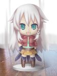  1girl anceril_sacred chibi commentary_request gloves green_eyes hand_on_hip long_hair looking_at_viewer mishima_kurone open_mouth original skirt smile solo thighhighs very_long_hair 