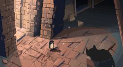  animal animated animated_gif bird black_cat box brick_floor brick_wall cardboard_box cat darkness decomposedmaw doorway light_particles looping_animation no_humans original penguin pixel_art rock ruins scenery shadow sidelighting sunlight wind 