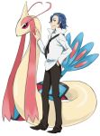  1boy blue_hair crossover hand_in_pocket kill_la_kill male mikisugi_aikurou milotic necktie pokemon pokemon_(creature) sabamiso_(waruagaki) smile 