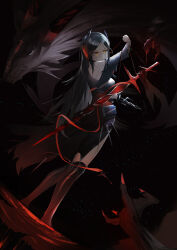  1girl absurdres aier_(2835730563) arknights arm_up bare_shoulders black_background black_boots black_dress black_horns boots chinese_commentary closed_mouth commentary_request dress full_body highres holding horns ines_(arknights) knee_boots light_particles long_sleeves monster parted_bangs red_horns solo standing sword torn_clothes torn_dress weapon yellow_eyes 