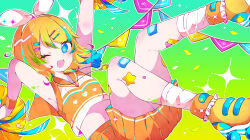  +_+ 1girl absurdres alternate_costume armpits blonde_hair blue_eyes bow breasts cheerleader commentary_request confetti fang hair_bow hair_ornament hairclip highres holding holding_pom_poms kagamine_rin legs_up looking_at_viewer lying midriff mitau navel on_back open_mouth orange_sailor_collar orange_shirt orange_shoes parallel_hairclips pleated_skirt pom_pom_(cheerleading) sailor_collar shirt shoes short_hair skin_fang skirt sleeveless sleeveless_shirt small_breasts sneakers socks star_(symbol) star_sticker sticker sticker_on_leg thighs two-tone_shirt vocaloid whistle whistle_around_neck white_bow white_socks white_trim 