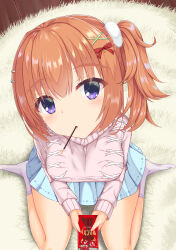  1girl absurdres blush bow breasts c2h3 cafe_stella_to_shinigami_no_chou carpet casual commentary eyes_visible_through_hair food food_in_mouth foreshortening from_above full_body hair_between_eyes hair_bow hair_ornament hair_scrunchie hairclip highres holding holding_food holding_pocky indoors large_breasts long_sleeves looking_at_viewer medium_hair no_shoes official_alternate_costume on_floor one_side_up orange_hair parallel_hairclips parted_lips pink_sweater pocky pocky_day pocky_in_mouth pov red_bow scrunchie sitting sleeves_past_wrists socks solo straight-on sumizome_nozomi sweater thick_eyebrows thighs turtleneck turtleneck_sweater v_arms violet_eyes wariza white_scrunchie white_socks x_hair_ornament 