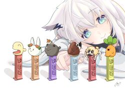  1girl absurdres animal_ear_fluff animal_ears blush braid commentary_request detached_sleeves fox_ears fox_girl green_eyes hair_between_eyes head_rest highres hololive hood hoodie listener_(inugami_korone) long_hair looking_at_viewer mori_nox nekko_(momosuzu_nene) oruyanke_(shirakami_fubuki) pekomon_(usada_pekora) pez shirakami_fubuki shirakami_fubuki_(1st_costume) sidelocks signature simple_background single_braid smile spiderchama ssrb_(shishiro_botan) virtual_youtuber white_background white_hair white_hoodie 