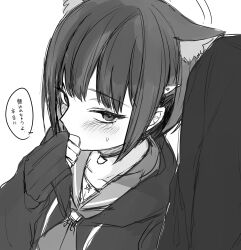  1boy 1girl animal_ears blue_archive blush cat_choker cat_ears cat_girl commentary_request covering_own_mouth extra_ears greyscale highres inotukuhito jacket kazusa_(blue_archive) monochrome neckerchief sailor_collar sensei_(blue_archive) short_hair sleeves_past_wrists upper_body 