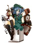  1girl amonitto backpack bag bellows_camera blue_hair clock electric_fan electric_plug freezer green_eyes grin hair_bobbles hair_ornament hairclip hat kawashiro_nitori looking_at_viewer shirt sitting_on_object skirt smile solo television touhou watch watch welding_mask wrench 