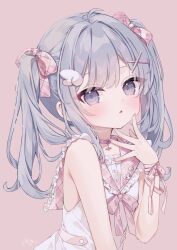  1girl ahoge blue_hair blush choker commentary grey_eyes hair_ornament highres hoshi_(snacherubi) long_hair looking_at_viewer original parted_lips pink_background pink_choker shiny_skin shirt sidelocks simple_background solo twintails upper_body white_shirt wing_hair_ornament x_hair_ornament 