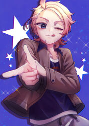  1boy :q ;q absurdres ahoge blonde_hair blue_background blue_eyes blue_shirt brown_jacket commentary er-suzuya0213 finger_gun grey_pants highres jacket male_focus medium_hair one_eye_closed open_clothes open_jacket pants pokemon pokemon_legends:_z-a shirt solo sparkle star_(symbol) tongue tongue_out urbain_(pokemon) 