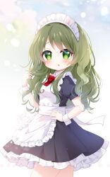  1girl :p alternate_costume apron back_bow black_dress blue_sky bow bowtie chinese_commentary closed_mouth clouds collared_dress commentary_request contrast_collar cowboy_shot day dot_nose dress enmaided eyelashes eyes_visible_through_hair frilled_apron frills green_eyes green_hair hand_on_own_hip happy highres holding_own_hair light_blush long_hair long_sidelocks looking_at_viewer mahou_shoujo_madoka_magica mahou_shoujo_madoka_magica_(anime) maid maid_headdress outdoors pleated_dress puffy_short_sleeves puffy_sleeves red_bow red_bowtie sash shimo_shiina shizuki_hitomi short_dress short_sleeves sidelocks sky smile solo standing tareme thighs tongue tongue_out very_long_hair waist_sash wavy_hair white_apron white_bow white_sash white_wrist_cuffs wrist_cuffs 