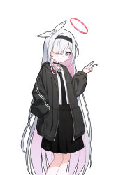  1girl :o absurdres alternate_costume black_choker black_eyes black_hairband black_jacket black_necktie black_skirt blue_archive braid choker collared_shirt colored_inner_hair commentary cowboy_shot hair_over_one_eye hairband halo hand_in_pocket high-waist_skirt highres jacket long_hair long_sleeves looking_at_viewer multicolored_hair necktie open_clothes open_jacket open_mouth pink_hair plana_(blue_archive) pleated_skirt red_halo red_pupils ribbon shirt simple_background single_braid skirt solo thfktlfh456 v very_long_hair white_background white_hair white_ribbon white_shirt 