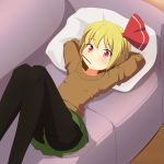  1girl black_legwear blonde_hair cato_(monocatienus) looking_at_viewer lying on_back pantyhose pillow pleated_skirt pocky red_eyes ribbon rumia short_hair skirt solo sweater touhou 