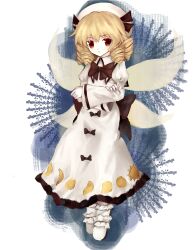  1girl absurdres back_bow blonde_hair bow bowtie brown_bow brown_bowtie charlielee86545 commentary dress drill_hair fairy fairy_wings full_body hat highres long_sleeves looking_at_viewer luna_child orange_eyes print_dress socks solo sun_print touhou white_dress white_hat white_socks wide_sleeves wings 