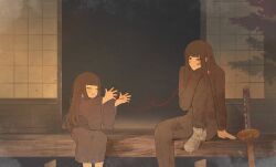  2girls araya_(project_moon) arm_support arr_1l bandaid bandaid_on_cheek bandaid_on_face black_hair blue_hair blue_kimono cat's_cradle closed_eyes foot_out_of_frame highres japanese_clothes kimono knee_up limbus_company long_hair mother_and_child mother_and_daughter multiple_girls parent_and_child project_moon reaching reaching_towards_another red_eyes ryoshu_(project_moon) shoes shouji sitting sliding_doors sneakers string string_of_fate sword weapon white_shoes 