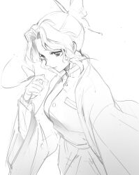  1girl breasts bug butterfly butterfly_hair_ornament butterfly_on_hand closed_mouth demon_slayer_uniform greyscale hair_ornament hakama hakama_pants haori highres japanese_clothes kimetsu_no_yaiba kochou_shinobu looking_at_viewer mecu_333 medium_breasts monochrome pants parted_bangs photoshop_(medium) sidelocks sketch solo updo wavy_hair white_background 